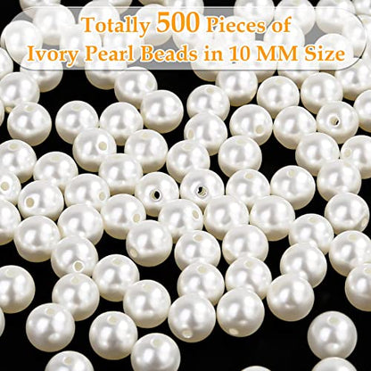 Pearl Beads for Craft, Anezus 500pcs Ivory Faux Fake Pearls, 10 MM Small Sew on Pearl Beads with Holes for Jewelry Making, Bracelets, Necklaces, Hairs, Crafts, Decoration and Vase Filler - size: 10 MM