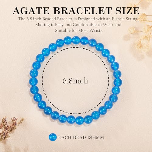 Agate Round Beaded Bracelet for Women Men Natural Agates Stone Healing Bracelets Stretch Elastic Handmade Polished Gemstone Beads Bracelet - color: Blue, size: 6mm Beads