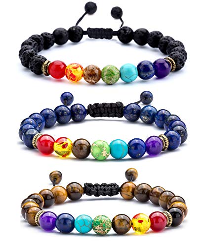Men Women 8mm Lava Rock Beads Chakra Bracelet - color: 3 Pcs Set 2-21004