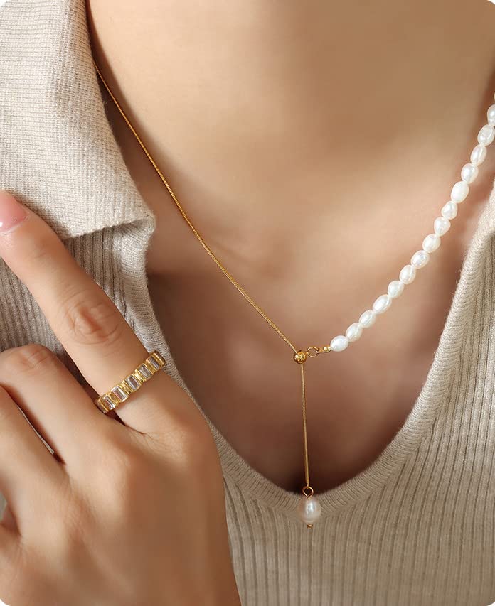 14K Gold Pearl Pendant Necklace, Freshwater Pearl Y-shaped Necklace, Women's Day, Birthday Gift for Wife, Girlfriend - color: style one
