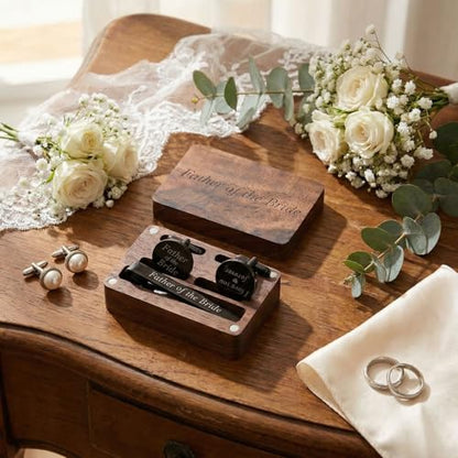 Colingmill Father of the Bride Gift Dad of the Bridegroom Cufflinks Tie Clip Set with Engraved Wood Gift Box for Dad - style: Father of the Bride,Forever,Black