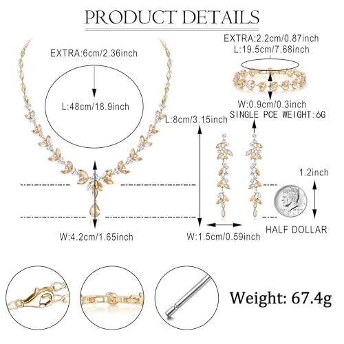 EVER FAITH Marquise Crystal Leaf Bridal Prom Jewelry Set for Women Bride | Rhinestone Wedding Party Necklace Dangle Earrings Tennis Bracelet, for Bridesmaid - color: Champagne w/ White