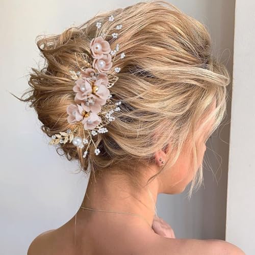 BOYIVI 4 Pieces Bridal Floral Hair Comb and Pins, Pink Alloy with Rhinestones, Plump Smooth Pearl and Fake Petal Wedding Hair Accessories for Brides, Bridesmaids, Women, Girls - color: Pink