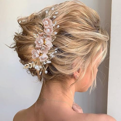 BOYIVI 4 Pieces Bridal Floral Hair Comb and Pins, Pink Alloy with Rhinestones, Plump Smooth Pearl and Fake Petal Wedding Hair Accessories for Brides, Bridesmaids, Women, Girls - color: Pink
