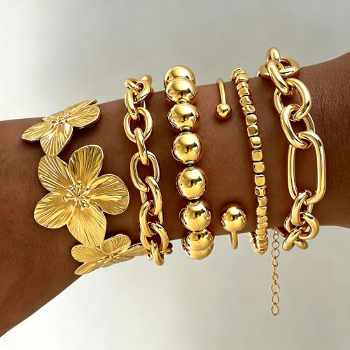 Golden Bangle Bracelets Set for Women, 14k Gold-Plated Multi Layer Stackable Cuff Bracelets, Personalized Boho Non Tarnish Adjustable Bangle Jewelry Gift for Her - color: 6PCS Gold Flower