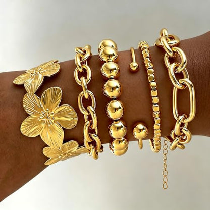 Golden Bangle Bracelets Set for Women, 14k Gold-Plated Multi Layer Stackable Cuff Bracelets, Personalized Boho Non Tarnish Adjustable Bangle Jewelry Gift for Her - color: 6PCS Gold Flower