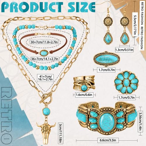 Ecally Bohemian Western Jewelry Turquoise Set Women Country Pendant Long Choker Layered Bracelets Earrings Ring for Women - color: Gold, style: Shiny
