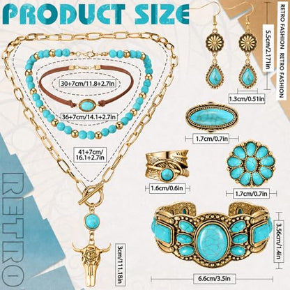 Ecally Bohemian Western Jewelry Turquoise Set Women Country Pendant Long Choker Layered Bracelets Earrings Ring for Women - color: Gold, style: Shiny