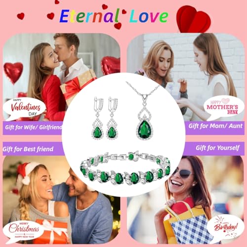 LMXXVJ Women Jewelry Set Platinum Plated Necklace Open Ring Earrings Bracelet Set,Birthday/Anniversary Mother’s Day Jewelry Gifts for Mom/Wife/Sister/Best Friend - color: White Gold-Green-No Ring