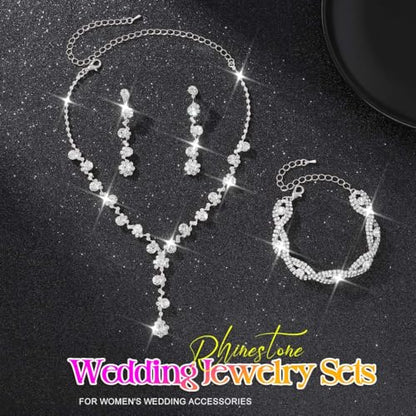 Aukmla Rhinestone Wedding Prom Jewelry Sets Silver Diamond Necklaces and Earring Bracelet Set for Brides and Women - color: Silver