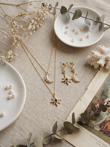 Celestial Star Moon Pendant Necklaces for Women Trendy, 14K Gold Plated Dainty Charm Necklaces with Green Blue Zircon, Gold Pendant Necklace for Wedding & Everyday Wear - style: Moon & Star Layered Necklace