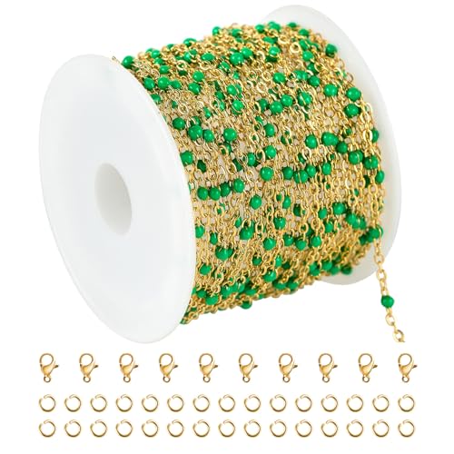 KYUNHOO Gold Plated Jewelry Chain Roll Stainless Steel Cable Chain Links | 16.4 Feet Green Rosary Bead Chains with Jewelry Findings for Necklace Bracelet Making - color: Gold-Green-2mm