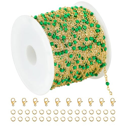 KYUNHOO Gold Plated Jewelry Chain Roll Stainless Steel Cable Chain Links | 16.4 Feet Green Rosary Bead Chains with Jewelry Findings for Necklace Bracelet Making - color: Gold-Green-2mm