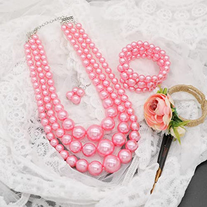 We We Imitation Pearl Necklace for Women Large Chunky Pearl Necklaces Multilayer Pearl Necklace and Earring 1920s Costume Jewelry set - color: pink pearl necklace set