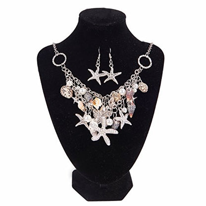 PH PandaHall Mermaid Jewelry Accessories for Women, Starfish Necklace Bracelet Boho Seashell Jewelries Ocean Beach Bib Statement Necklace Earrings for Summer Cosplay Holiday (Platinum) - color: bracelet & necklace & earrings + Gift Box
