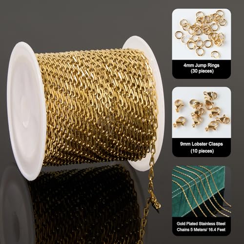 UMAOKANG 16.4 Feet Gold Plated Chain for Jewelry Making Stainless Steel Link Chain Bulk with Jump Rings Lobster Clasps - color: Link Gold