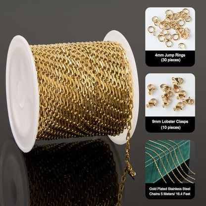 UMAOKANG 16.4 Feet Gold Plated Chain for Jewelry Making Stainless Steel Link Chain Bulk with Jump Rings Lobster Clasps - color: Link Gold