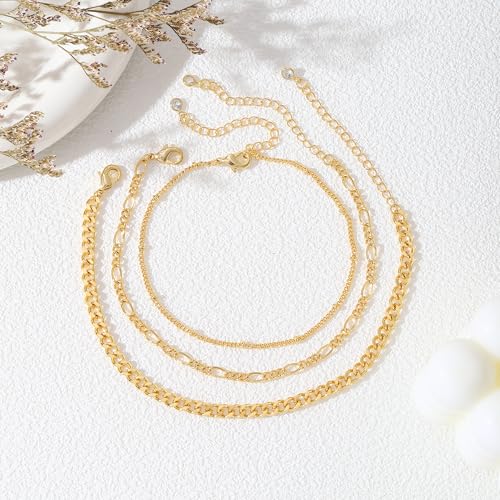 14K Gold Ankle Bracelet for Women, Gold Plated Layered Minimalist Chain Anklet, Dainty Beach Jewelry, Adjustable, Gift for Her