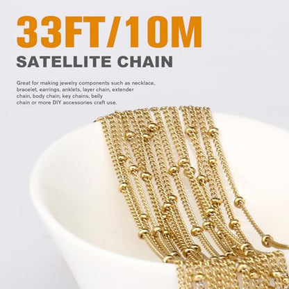 33FT 2mm 18K Gold Plated Satellite Curb Chains Roll Bulk for Jewelry Making | 304 Stainless Steel Gold Ball Beaded Twisted Link Satellite Chain Spool for DIY Craft - color: Gold Small Beads Satellite Curb Chain
