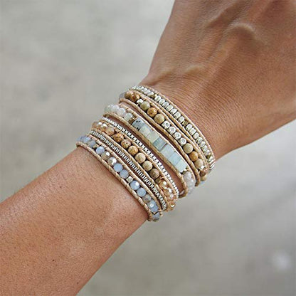 Plumiss Women Boho Handmade Natural Stone Crystal Leather Bead Wrap Bracelets Collection - style: White Stylish 5W