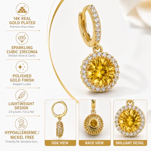 14K Gold Plated Hoop Dangle Earrings for Women, Hypoallergenic Colorful Cubic Zirconia Drop Earrings, Lightweight Huggie Earrings for Women - color: Gold/Citrine Yellow