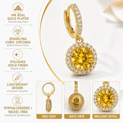 14K Gold Plated Hoop Dangle Earrings for Women, Hypoallergenic Colorful Cubic Zirconia Drop Earrings, Lightweight Huggie Earrings for Women - color: Gold/Citrine Yellow