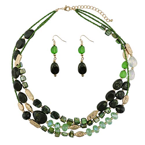 Coiris 3 Multi Layer Shell Glass Beaded Fashion Necklace for Women 21" - color: N0001-Green