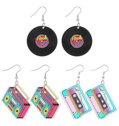3Pairs 80s Earrings for Women Retro, Retro Cassette Tape Hoop 80s Earrings for Women, Lightweight Acrylic Dangle Earring for Costume & Party (Candy Colors)