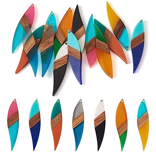 FASHEWELRY Resin Wooden Pendants Vintage Bohemian Resin Wood Statement Oval Teardrop Rectangle Colorful Geometric Blank Pendant Boho Dangle Charms for DIY Necklace Earring Crafts Jewelry Making - color: 0Leaf-14Pcs