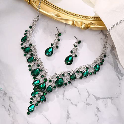 BriLove Women's Wedding Bridal Austrian Crystal Teardrop Flower Cluster Statement Necklace Dangle Earrings Jewelry Set for Party Prom - color: 2Pcs-Emerald Color Silver-Tone