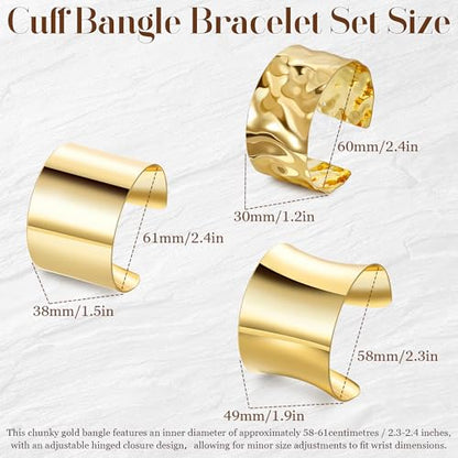 3PCS Chunky Cuff Bracelets for Women Irregular Minimalist Statement Bangle Bracelets Set Open Wide Wire Grooved Hammered Bangle Bracelet Gold Sliver Wrist Cuff Wrap Bracelet Adjustable - color: Gold Cuff Bracelets D