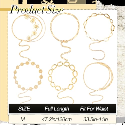Liliaafar 6 Pcs Gold Silver Waist Chain Belt for Women Multi Layer Sun Metal Adjustable Body Belly Chain for Jean Dress - color: Gold
