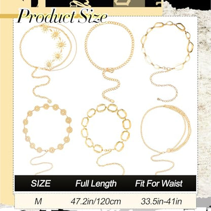 Liliaafar 6 Pcs Gold Silver Waist Chain Belt for Women Multi Layer Sun Metal Adjustable Body Belly Chain for Jean Dress - color: Gold