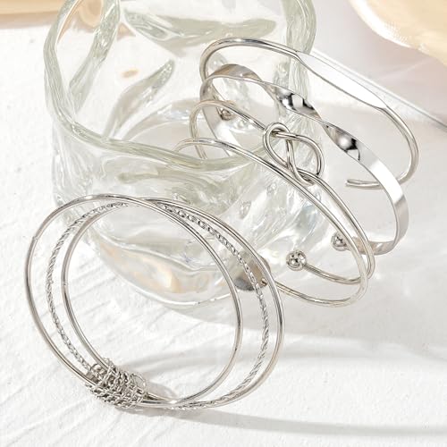 IFKM Gold Bangle Bracelets For Women, 14k Gold Plated Multi Layer Stackable Cuff Bracelet Set, Trendy Elegance Charms Non Tarnish Minimalist Textured Boho Jewelry Gift for Women - style: Multilayer opening silver