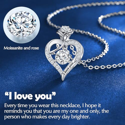 Rose Heart Pendant Necklace Gifts for Wife, Engraved 'I love you' Gift for Wife Girlfriend, Anniversary Birthday Eternity Jewelry Present for Women, Moissanite Necklace Gift for Her - style: Round