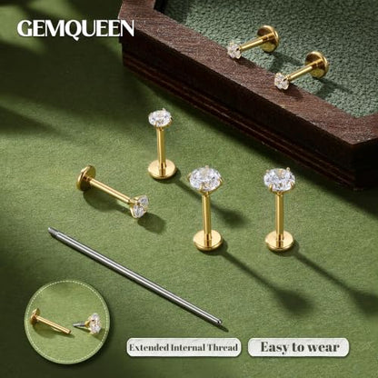 G23 Implant Grade Titanium Flat Back Earrings 16G/18G/20G | 3 Pairs Astm F136 Hypoallergenic Flatback Earrings Internally Threaded Studs for Nose, Helix, Tragus, Conch, Labret Piercing - color: Gold, size: 18G(1.0MM) Bar-6/7/8mm & CZ-2/3/4mm