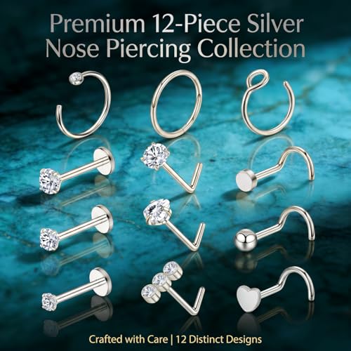 20G Nose Rings Hoop Set for Women, 12PCS Hypoallergenic Stainless Steel Comfortable for Ear Stack Daily Wear Dainty Non Tarnish Nose Hoop Stud Set, L Shaped CZ Threadless Flat Back Nose Stud Piercing Jewelry - color: 20G(0.8MM)-Sliver