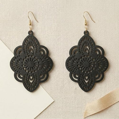 Boho Black Filigree Dangle Earrings for Women, Lightweight Hollow Lace Drop, Wood, 3.34" x 1.69", Bohemian Jewelry - color: Black