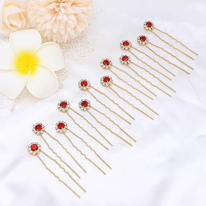 Ammei Crystal Bridal Hair Pins Clips Wedding Hair Accessories Hair Set Jewelry With Rhinestone For Brides and Bridesmaids Set Of 12 (Red) - color: Red