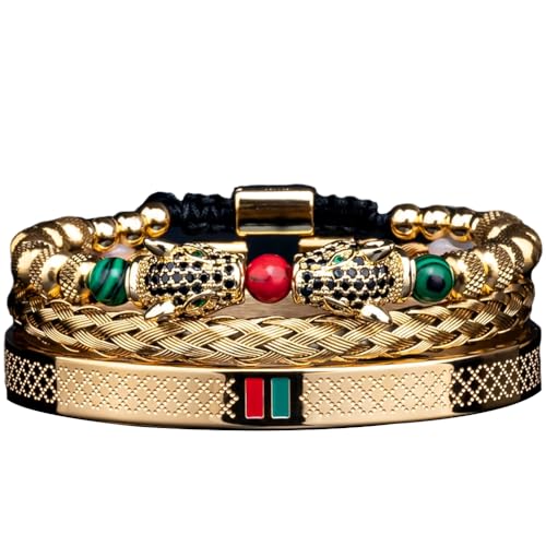 3pcs/set Classical Handmade Braiding Bracelet Hip Hop Men Pave CZ Leopard Head Roman Numeral Bracelet Stainless Steel Jewelry - color: 3pcs S Double Leopard Head Golden