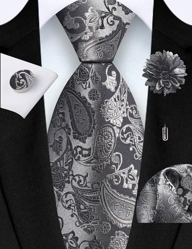 GUSLESON 3.15"（8cm） Mens Paisley Tie and Lapel Pin Necktie Hankerchief Cufflinks Set for Men - color: Dark Grey