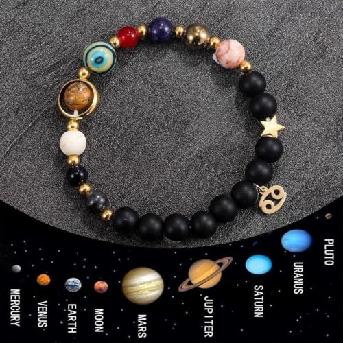 Solar System Planet Bead Zodiac Sign Stretch Bracelet for Men Women | Matte black beads with solar system planet stones, unisex design, perfect birthday holiday gift for men women - color: aries