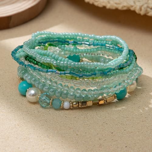 Bohemian Colorful Crystal Glass Beads Seed Beaded Bracelet Handmade Adjustable Stackable Elastic Strand Bangle for Women Summer Beach Hawaii Boho Wristbands Jewelry - color: blue