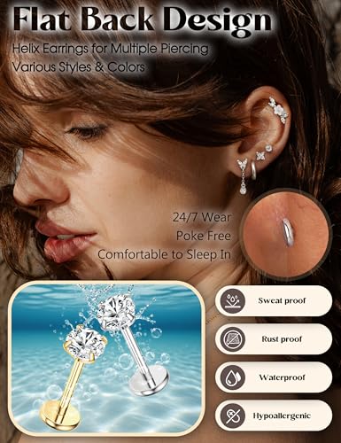 20G 18G Threadless Flat Back Earrings 316L Surgical Steel, 12PCS | Hypoallergenic Push in Stud Earrings, 14K Gold Plated Cartilage Earring Stacks, Helix Conch Tragus Nose Piercing Jewelry - color: Silver Tone, size: 18G-6MM Bar