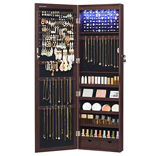 SONGMICS 6 LEDs Mirror Jewelry Cabinet, 47.2-Inch Tall Lockable Wall or Door Mounted Jewelry Armoire Organizer with Mirror, 2 Drawers, 3.9 x 14.6 x 47.2 Inches, Brown UJJC93K - color: Brown, size: 47.2"H