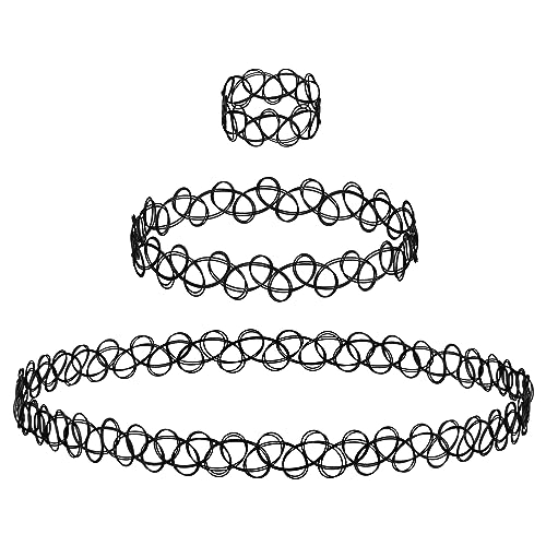 EXPRESSIONS 3pc Assorted Tattoo Stretch Jewelry Collection - Tattoo Choker Necklace, Bracelet & Ring Set - Stretchy Tattoo Effect Jewelry Accessories For Kids And Adults - color: BLACK