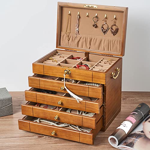Changsuo Wooden Jewelry Box for Women, Organizer Box of Solild Wood with Combo Lock for Jewelries, Watches, Necklace, Ring, Storage Box (Light Brown)