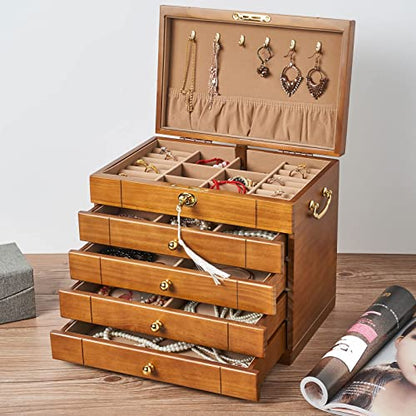 Changsuo Wooden Jewelry Box for Women, Organizer Box of Solild Wood with Combo Lock for Jewelries, Watches, Necklace, Ring, Storage Box (Light Brown)