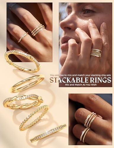 THUNARAZ 14K Gold Plated Rings for Women Non Tarnish Stack Ring Size 5-10 | Stackable, Thin, Cubic Zirconia, Thumb, Trendy, Dainty, Ring Set, Statement, Promise, Engagement, Bands,Jewelry