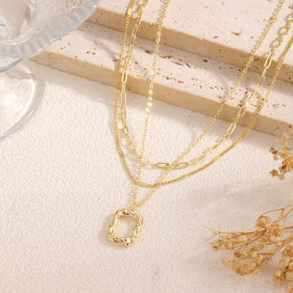 Gold Necklace for Women 14K Gold Plated Layered Cross Bar Necklace Herringbone Figaro Paperclip Flat Chain Cute Charm Accessories Non Tarnish Jewelry Set Gifts for Women - style: R-NK-07-Rectangle circle-GD